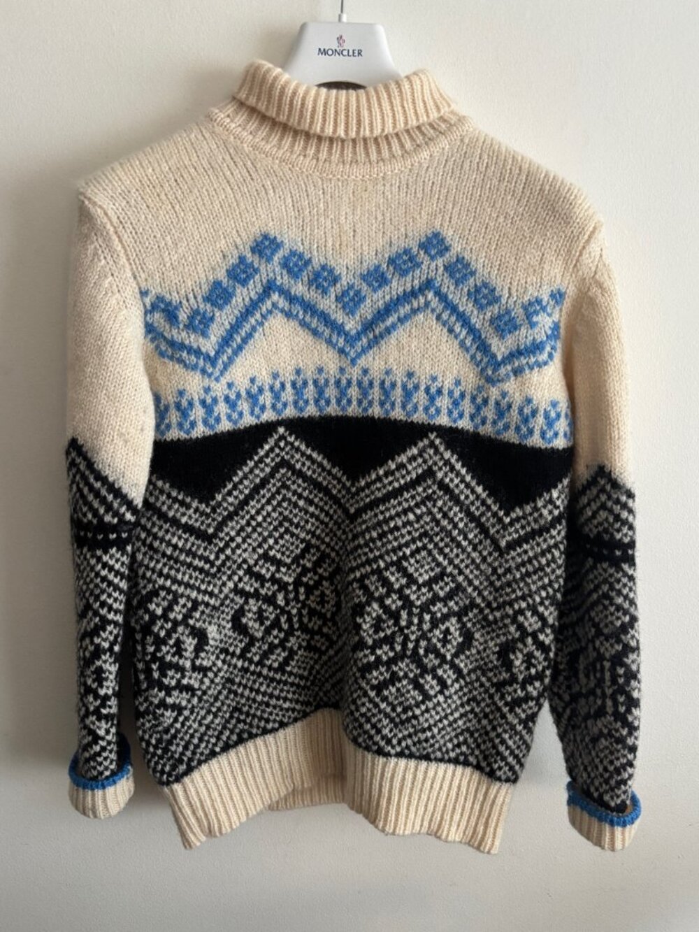 $360 NN07 Nordic Wool Fairisle Ecru Black Blue Turtleneck Sweater- Small/Medium